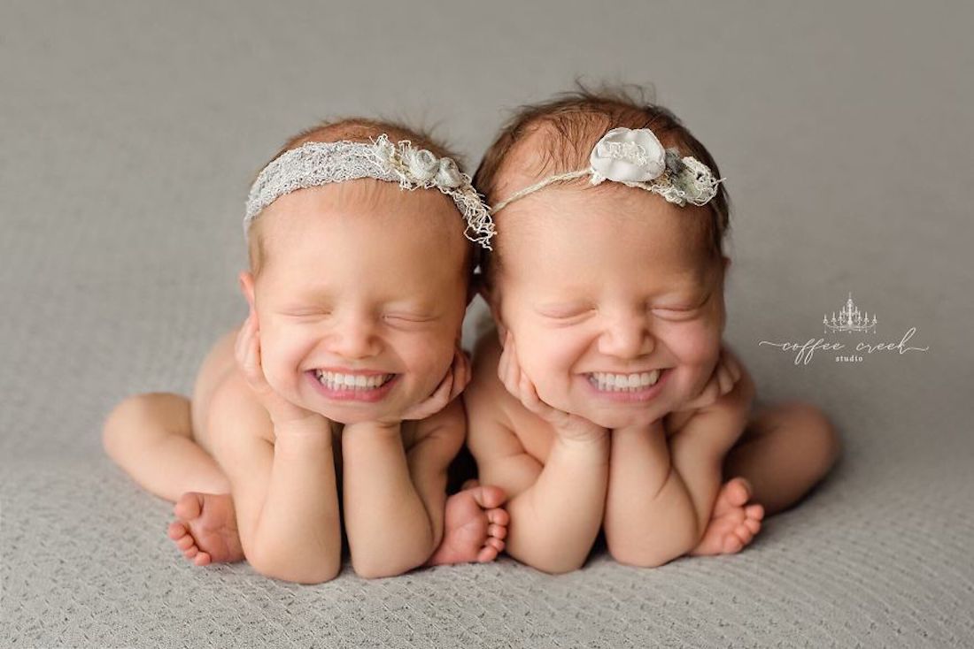 These photo is adds full sets of teeth to newborn photos and the results are both funny and creepy